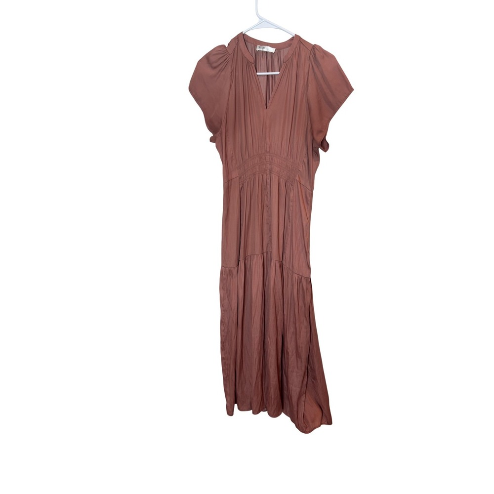 Rielle Dress Womens Small Pink Maxi Flutter Sleeve Boho V Neck Smocked Tiered